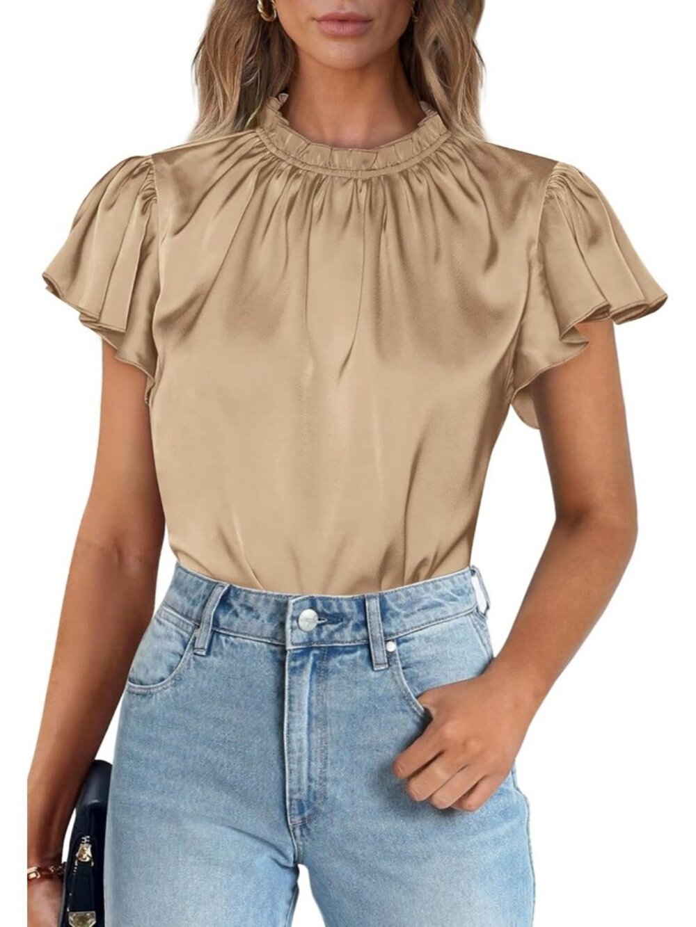 Women's Khaki Satin Blouse Ruffled Neck Flutter Sleeve Office Silk Top